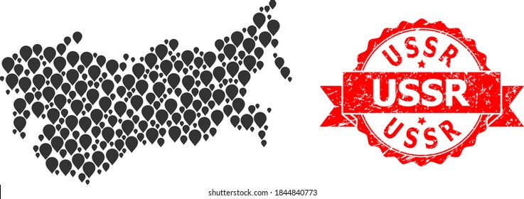 Pin Collage Karte der UdSSR und farbige Bandstempel. Rote Stempelrobbe enthält UdSSR-Anhänger im Band. Abstrakte Landkarte der UdSSR ist mit randomisierten Pinpoint-Elementen organisiert. Abstraktes Schema.