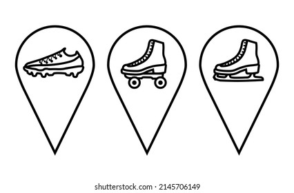 Pin collection. Map pin icons. Location pin in doodle style. Pins pointing to a sports club, competitions, sports equipment store. Design elements for banner, games, mobile app, poster, website