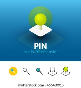 Pin color icon, vector symbol in flat, outline and isometric style isolated on blur background