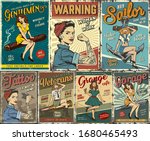 Pin up colorful posters set with garage retro party sailing tattoo studio military women power covers in vintage style vector illustration