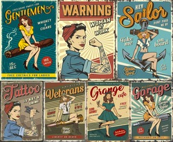 Pin Up Colorful Posters Set With Garage Retro Party Sailing Tattoo Studio Military Women Power Covers In Vintage Style Vector Illustration