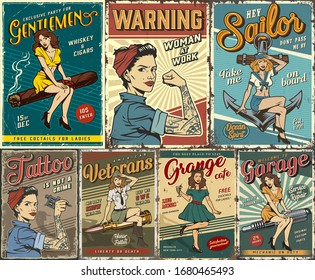 Pin up colorful posters set with garage retro party sailing tattoo studio military women power covers in vintage style vector illustration