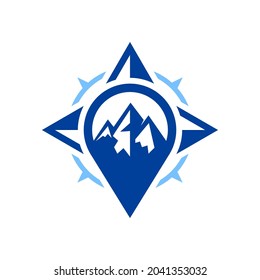 brújula de pin con logotipo de montaña, lugar donde el diseño del logotipo de guía de aventura vector