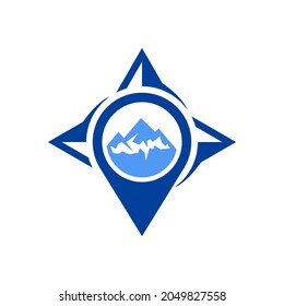 Pin-Kompass mit Berglogo, Ort, wo Adventure Guide Logo-Design Vektorgrafik