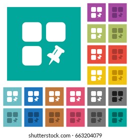 Pin component multi colored flat icons on plain square backgrounds. Included white and darker icon variations for hover or active effects.