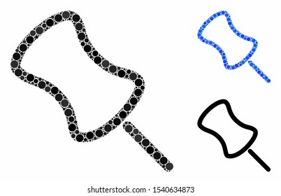 Pin composition of filled circles in different sizes and color tinges, based on pin icon. Vector filled circles are combined into blue composition. Dotted pin icon in usual and blue versions.