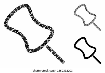 Pin composition of joggly pieces in various sizes and color tints, based on pin icon. Vector joggly pieces are united into illustration. Pin icons collage with dotted pattern.