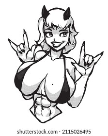 Pin Up Costume Devil Girl With Horns In Black Bikini Black And White Vector Illustration