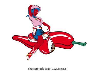 Pin up Cow girl riding a red Chili pepper isolated vector illustration