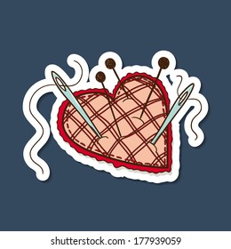 Pin cushion in a heart shape. Paper sticker imitation. Vector card concept. Romantic tender design