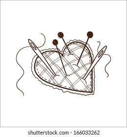 Pin cushion in a heart shape. Sketch vector element for romantic design