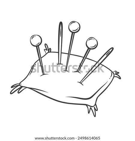 Pin cushion line icon. Hand drawn retro cushion with stuck pins and needles, pillow for safe storage of sharp tailoring tools. Dressmaking, sewing mascot, doodle pincushion icon vector illustration