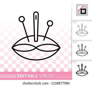 Pin Cushion thin line icon. Outline web sign of pillow. Needle linear pictogram with different stroke width. Simple vector symbol, transparent background. Pin Cushion editable stroke icon without fill