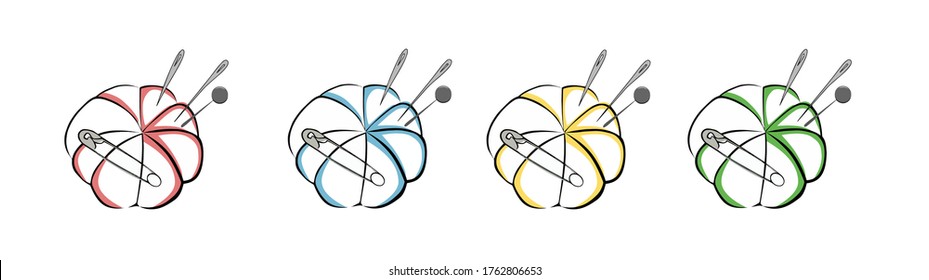 Icono de la línea delgada del cojín del alfiler. El icono de la aguja es lineal con diferentes anchos de trazo. Símbolo vectorial simple, fondo blanco aislado.