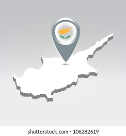 Pin with Cyprus flag over cypriot silhouette map hanging in air