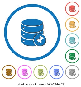Pin database flat color vector icons with shadows in round outlines on white background
