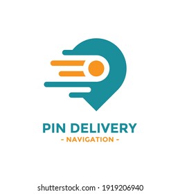 Pin delivery logo design template. Speed symbol with gps map point icon combination. Concept of logistics, express, cargo, freight, moving, shipping, etc.