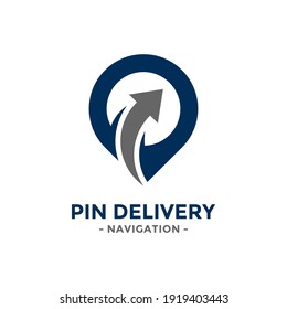 Pin delivery logo design template. Gps map point icon with arrow combination. Concept of logistics, cargo, order, send, move, route, etc.