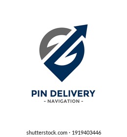 Pin delivery logo design template. Gps map point icon with arrow combination. Concept of logistics, cargo, order, send, move, route, etc.