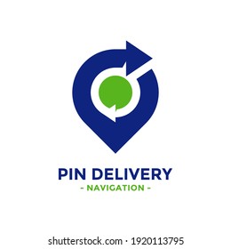 Pin delivery logo design template. Location arrows logotype. Circular point symbol.