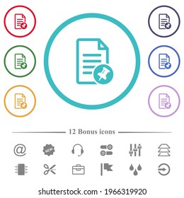Pin document flat color icons in circle shape outlines. 12 bonus icons included.