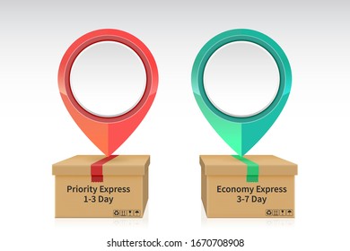 pin drop on the priority and economy express shipping parcel box 