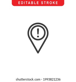 Pin With Exclamation Mark Outline Icon. Pin Line Art Logo. Vector Illustration. Isolated on White Background. Editable Stroke