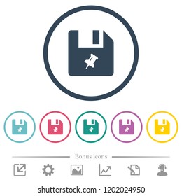Pin file flat color icons in round outlines. 6 bonus icons included.
