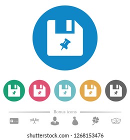 Pin file flat white icons on round color backgrounds. 6 bonus icons included.