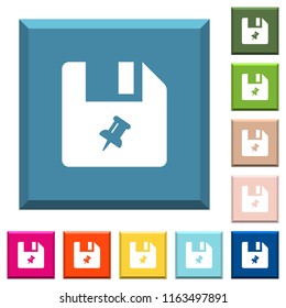 Pin file white icons on edged square buttons in various trendy colors
