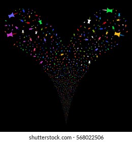 Pin fireworks stream. Vector illustration style is flat bright multicolored iconic symbols on a black background. Object double fountain constructed from random symbols.