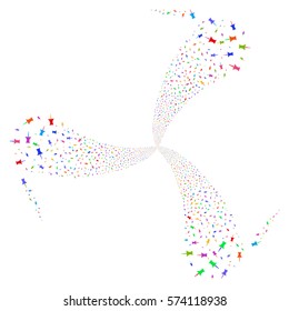 Pin fireworks swirl rotation. Vector illustration style is flat bright multicolored iconic symbols on a white background. Object spiral constructed from random pictographs.