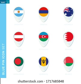Pin flag set, map location icon in blue colors with flag of Argentina, Armenia, Australia, Austria, Azerbaijan, Bahrain, Bangladesh, Barbados, Belarus