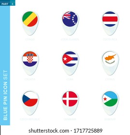 Pin flag set, map location icon in blue colors with flag of Congo, Cook Islands, Costa Rica, Croatia, Cuba, Cyprus, Czech Republic, Denmark, Djibouti