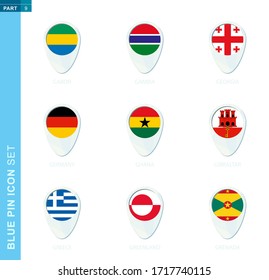 Pin flag set, map location icon in blue colors with flag of Gabon, Gambia, Georgia, Germany, Ghana, Gibraltar, Greece, Greenland, Grenada