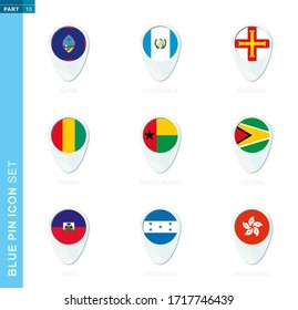 Bandera de alfiler, icono de ubicación del mapa en colores azules con bandera de Guam, Guatemala, Guernsey, Guinea, Guinea-Bissau, Guyana, Haití, Honduras, Hong Kong