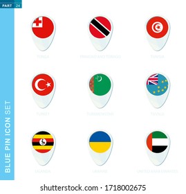 Pin flag set, map location icon in blue colors with flag of Tonga, Trinidad and Tobago, Tunisia, Turkey, Turkmenistan, Tuvalu, Uganda, Ukraine, United Arab Emirates