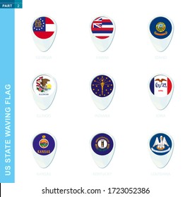 Pin flag set, map location icon in blue colors with USA state flag of Georgia, Hawaii, Idaho, Illinois, Indiana, Iowa, Kansas, Kentucky, Louisiana