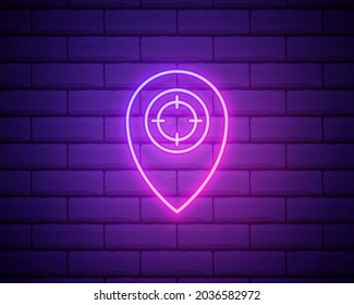 pin and focus icon. Aim neon style icon. Simple thin line, outline vector of web icons for ui and ux, website or mobile application isolated on brick wall.