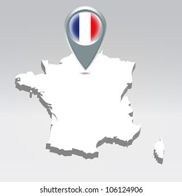 Pin with France flag over french silhouette map hanging in air
