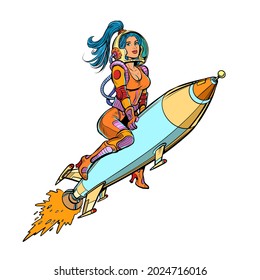Pin up girl astronaut on rocket. Outer space, science fiction