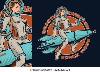 Pin up girl astronaut on the rocket vector illustration, this design can be used as t-shirt print