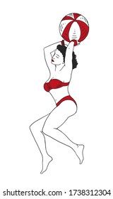 
Pin up girl with beach ball and dressed in red clothes. Woman swimsuit,
summer style.