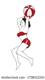 
Pin up Girl mit Beachball und gekleidet in roter Kleidung. Sommerlicher Stil mit Shorts und Badeanzug.