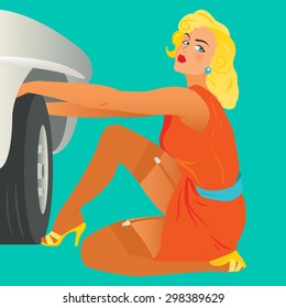 Pin up girl changes the tire.