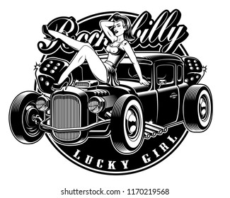 Pin Up Girl With Classic Hot Rod. Black And White Illustration In Rockabilly Style. Perfect For T-shirt Prints. 