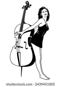 Pin Up Chica con Bajo Doble. Vector blanco y negro clipart aislado en blanco.