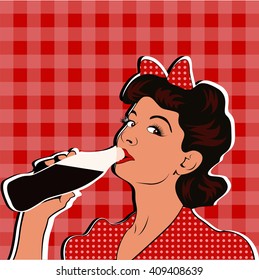 Pin up girl drinking soda pop art retro style.