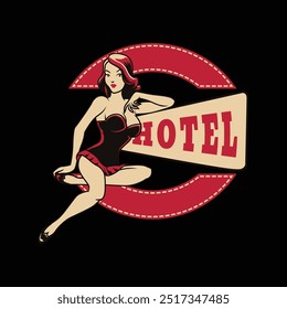 Chica pin up en signo de hotel