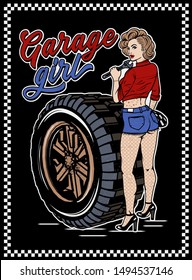 Pin Girl Illustration Wheel Garage Girl Stock Vector Royalty Free Shutterstock